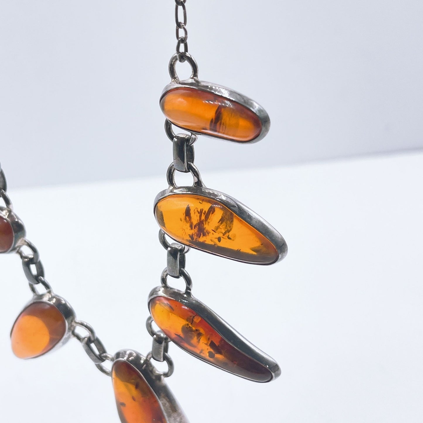 Vintage Silver Necklace With Polished 7 Amber Teardrop Stones