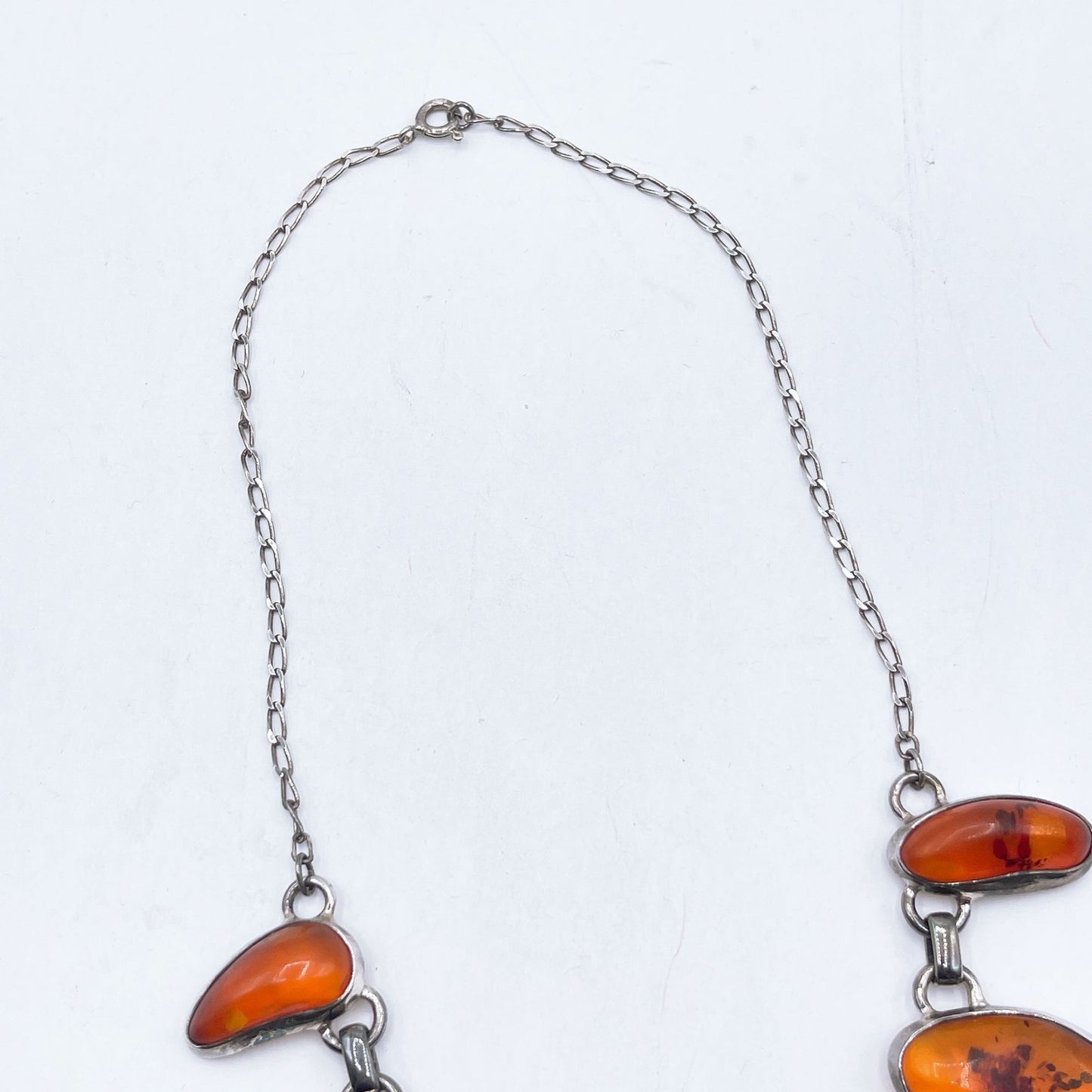 Vintage Silver Necklace With Polished 7 Amber Teardrop Stones