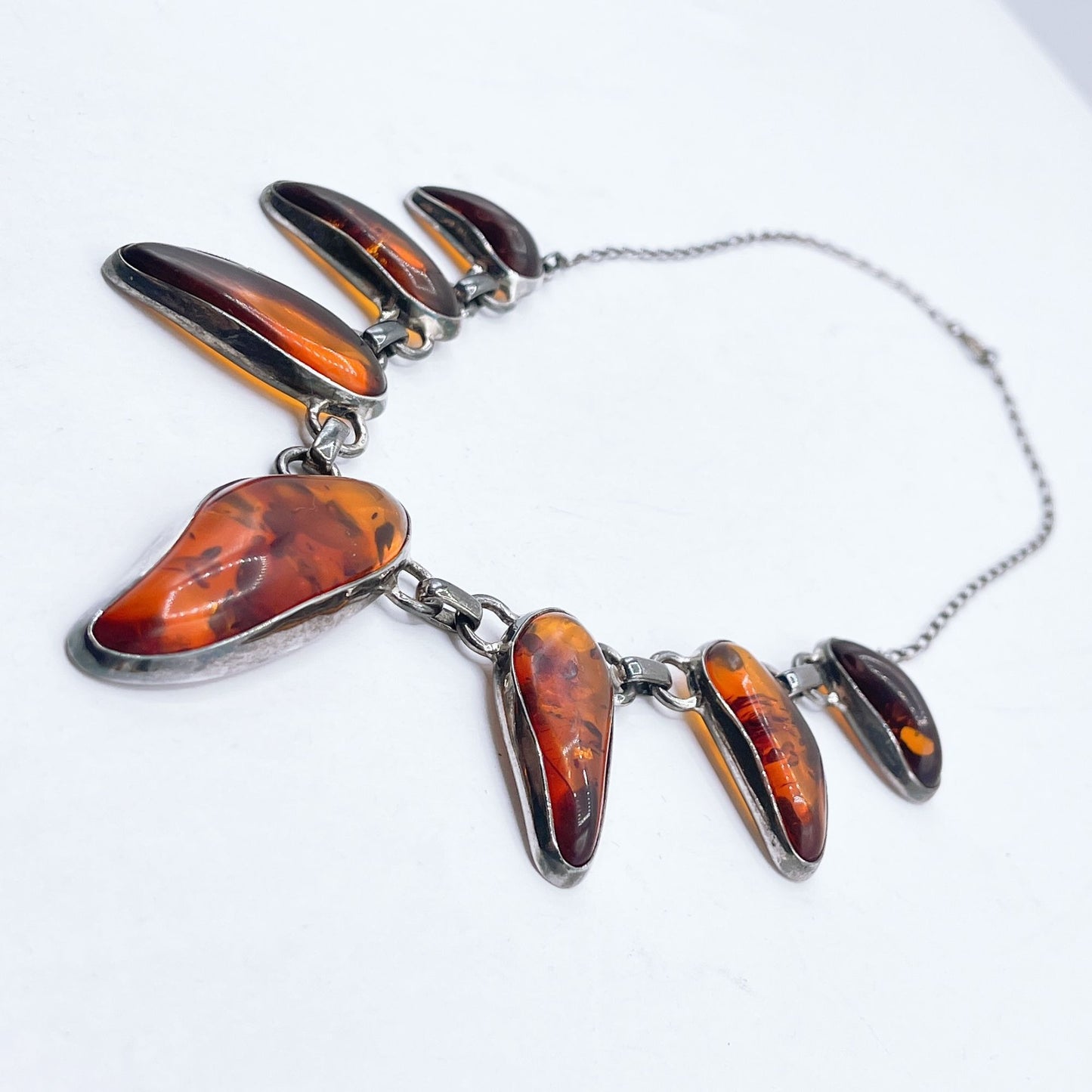 Vintage Silver Necklace With Polished 7 Amber Teardrop Stones