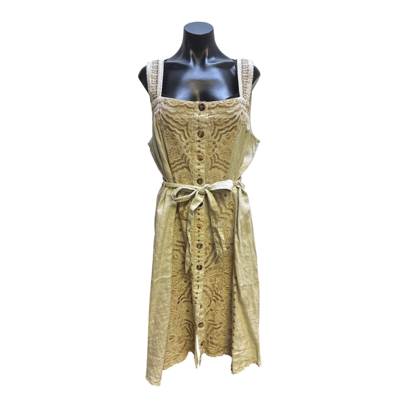 NWT Johnny Was Bohemian Embroidered Beige Button-Down Midi Dress w/Belt