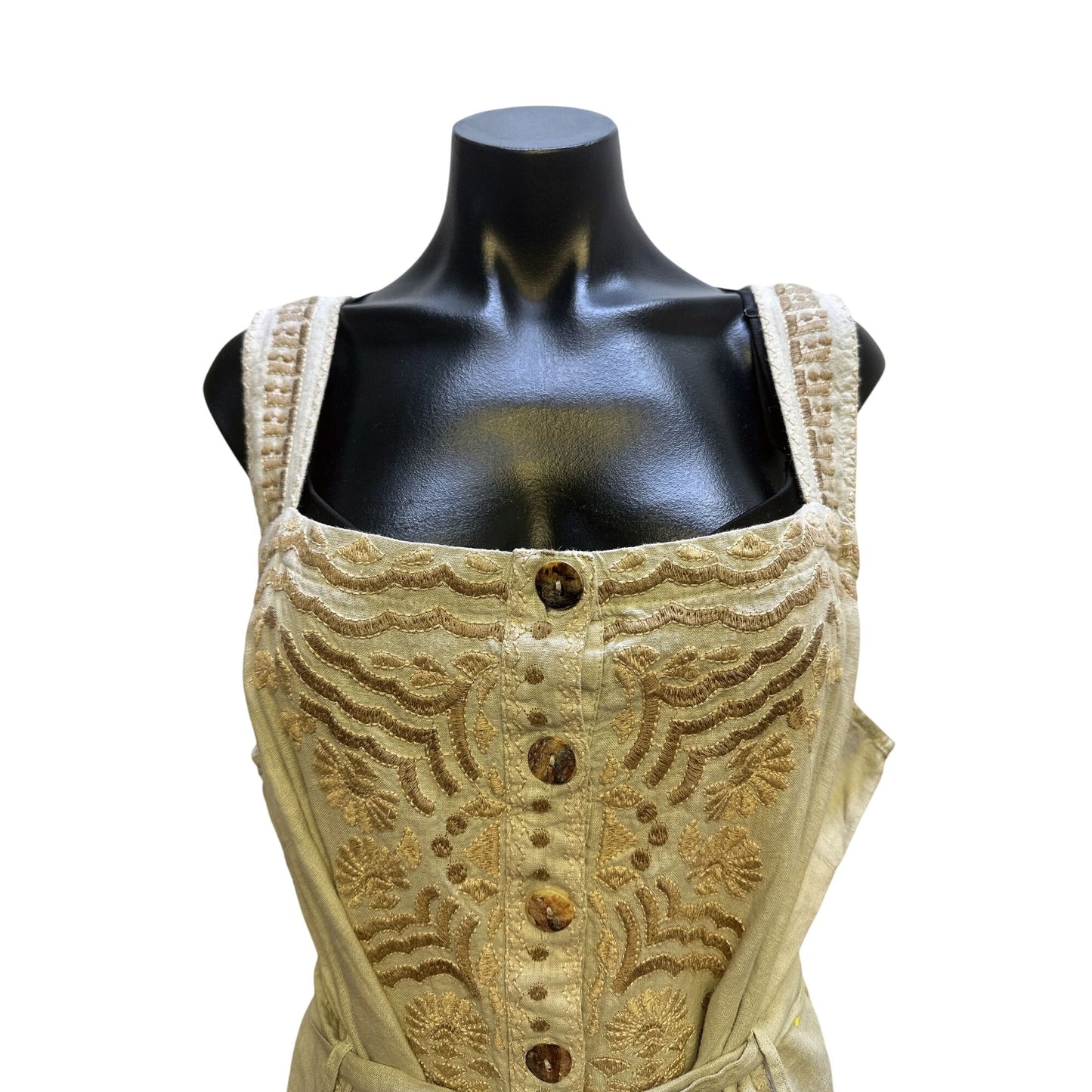 NWT Johnny Was Bohemian Embroidered Beige Button-Down Midi Dress w/Belt