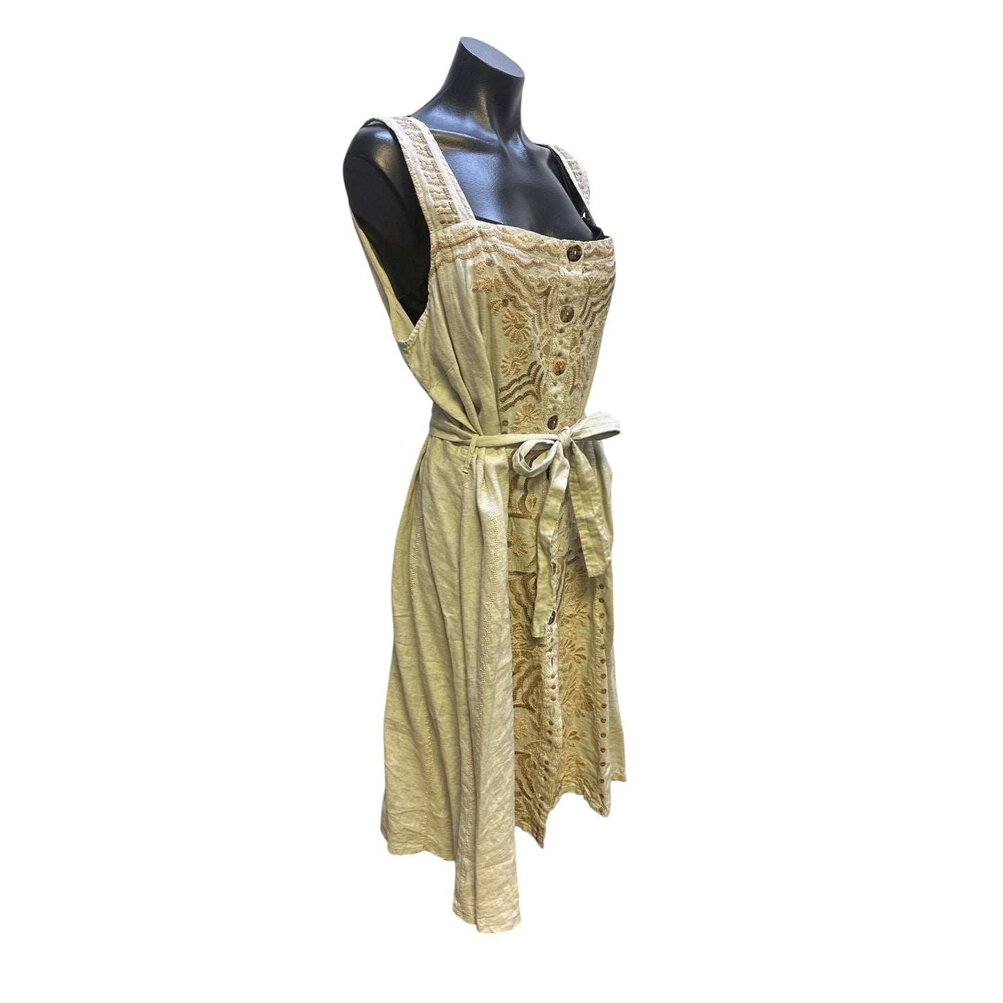 NWT Johnny Was Bohemian Embroidered Beige Button-Down Midi Dress w/Belt