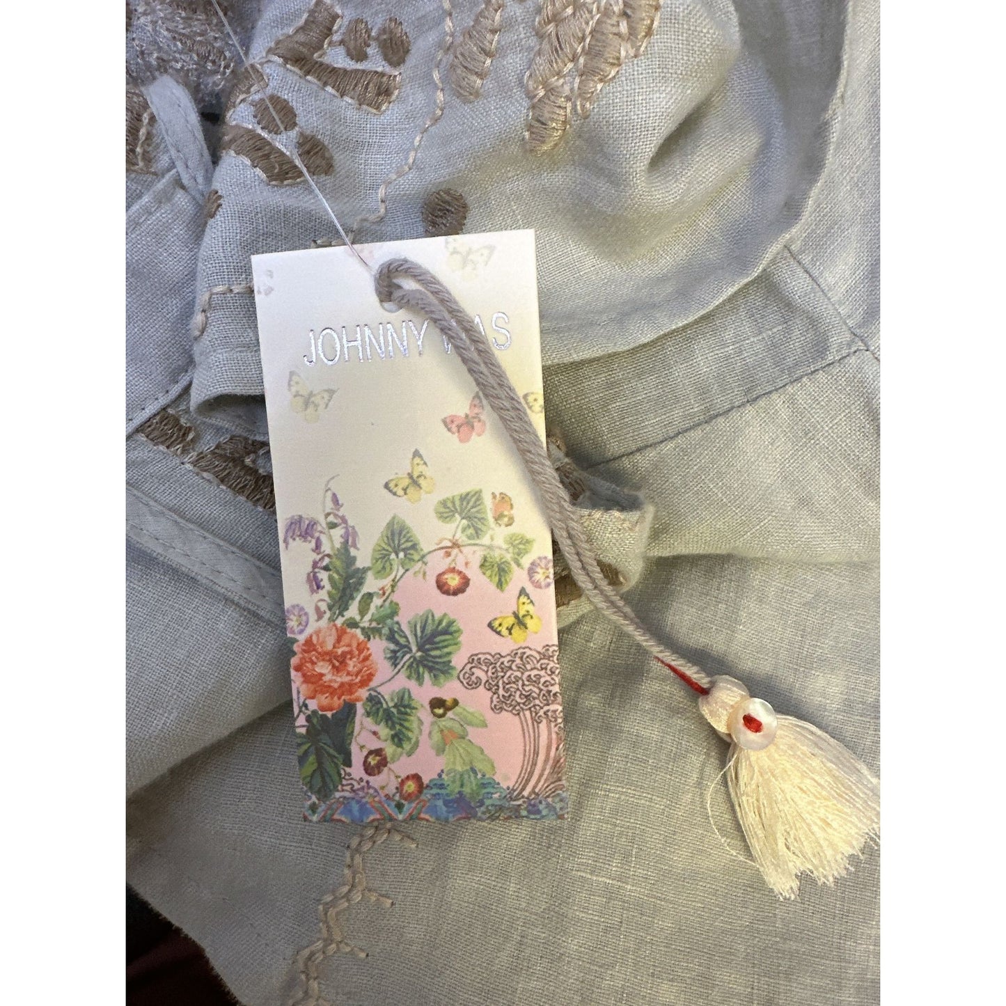 NWT Johnny Was Bohemian Embroidered Beige Button-Down Midi Dress w/Belt