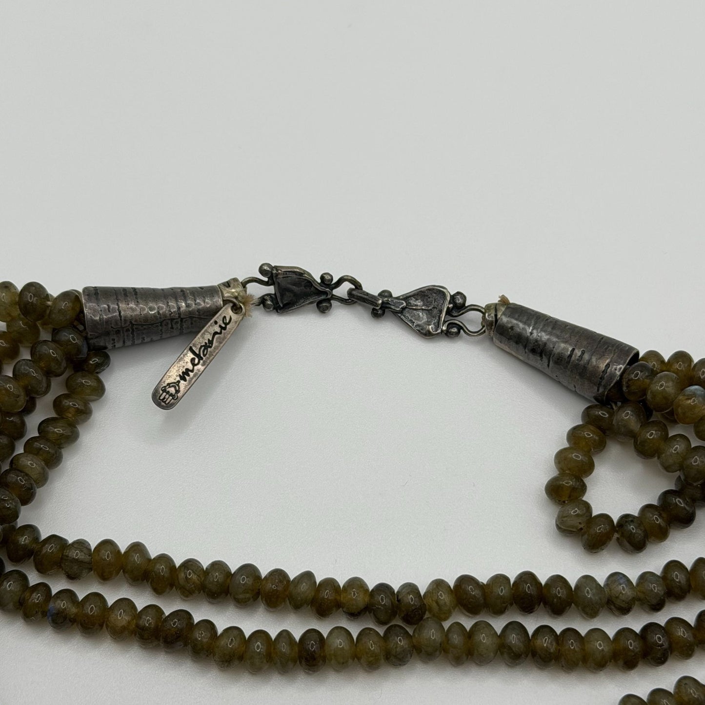 Custom Multi-Strand Green Cats Eye Quartz Necklace With Sterling Silver & Amber Pendant
