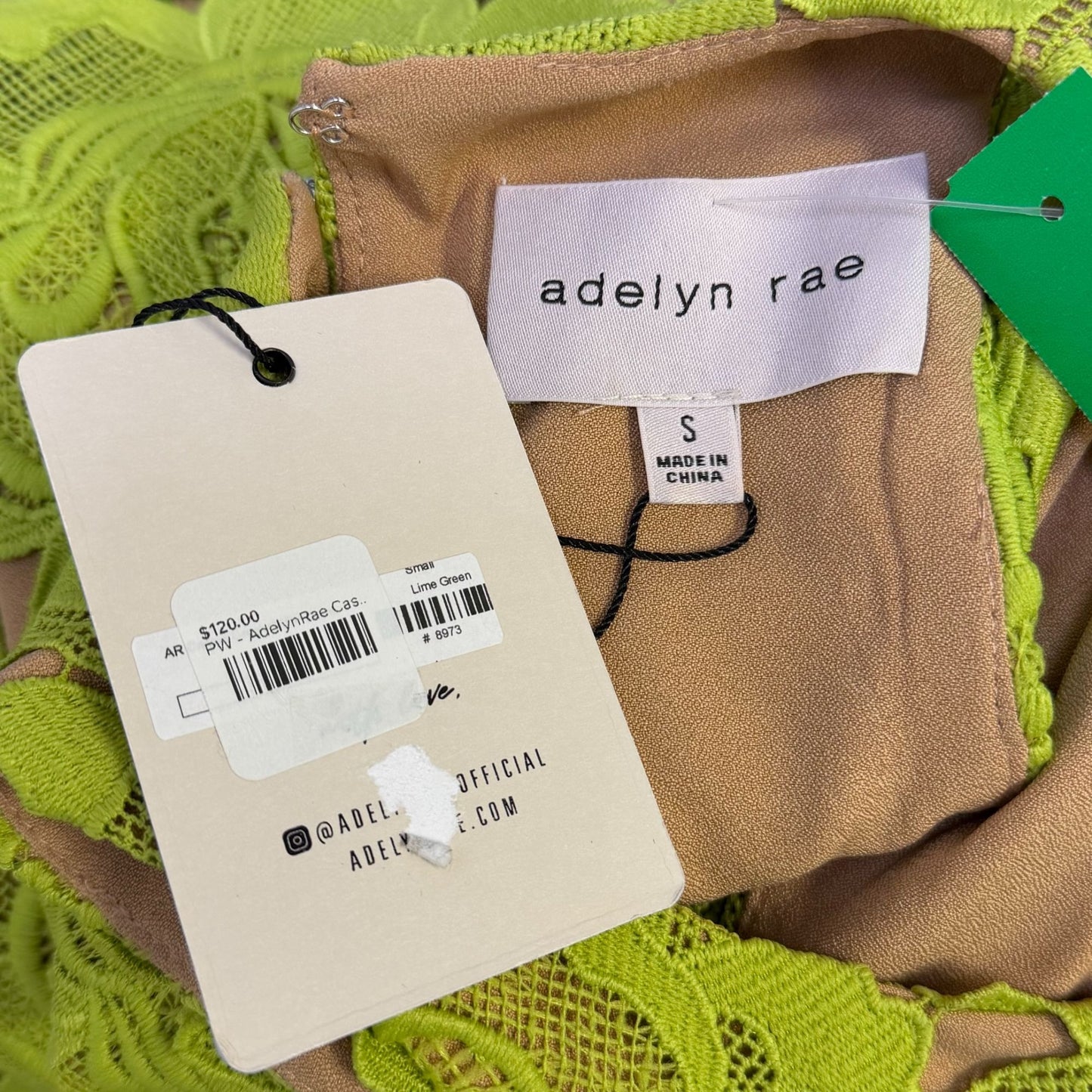 NWT Adelyn Rae Nude & Lime Green Floral Lace Dress Size S