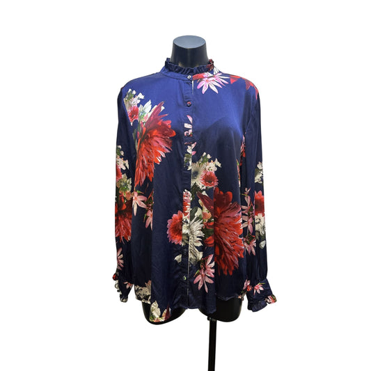 Johnny Was Silk Floral Button-Up Blouse w/Ruffle Collar & Cuffs