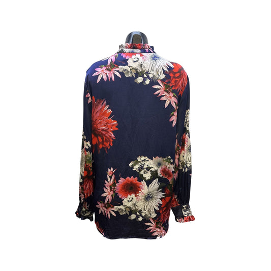 Johnny Was Silk Floral Button-Up Blouse w/Ruffle Collar & Cuffs