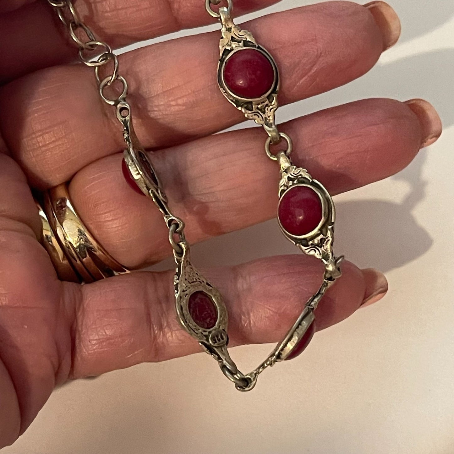 .925 Silver Red Stones Link Bracelet Medium