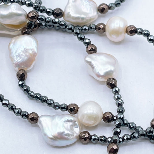 Long Keshi Pearl & Hematite Beaded Necklace With Bronze Accents 36"