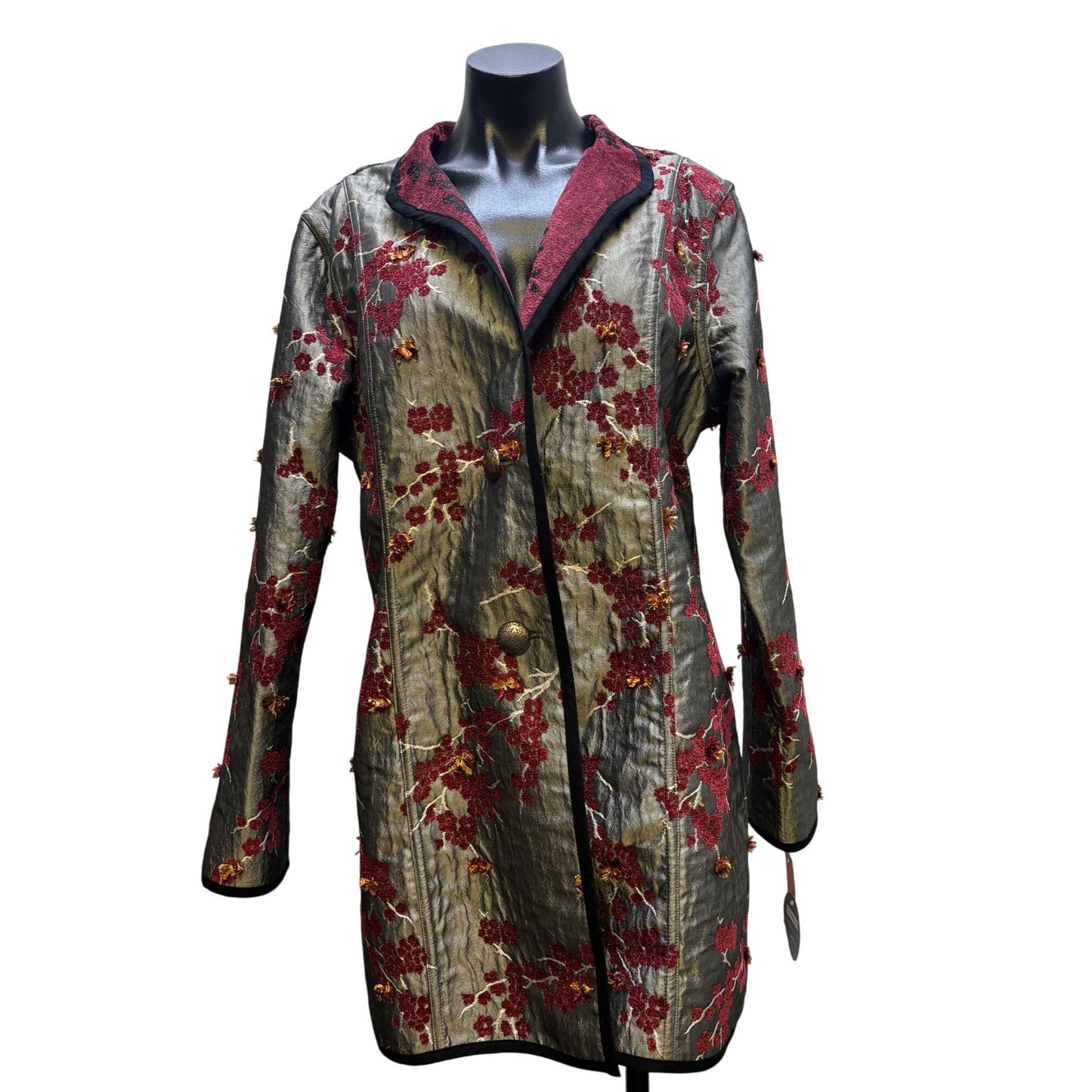 NWT Trimdin Reversible Embroidered Coat Gray Multi Floral Pattern L