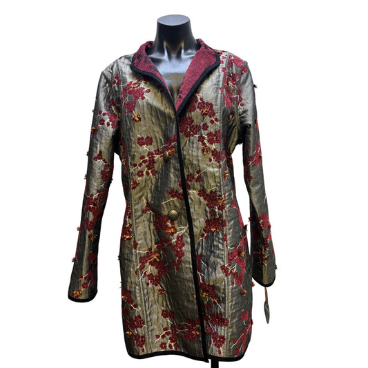 NWT Trimdin Reversible Embroidered Coat Gray Multi Floral Pattern L