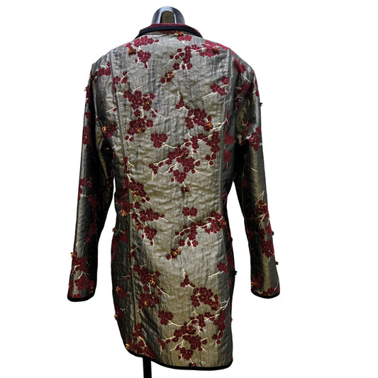 NWT Trimdin Reversible Embroidered Coat Gray Multi Floral Pattern L