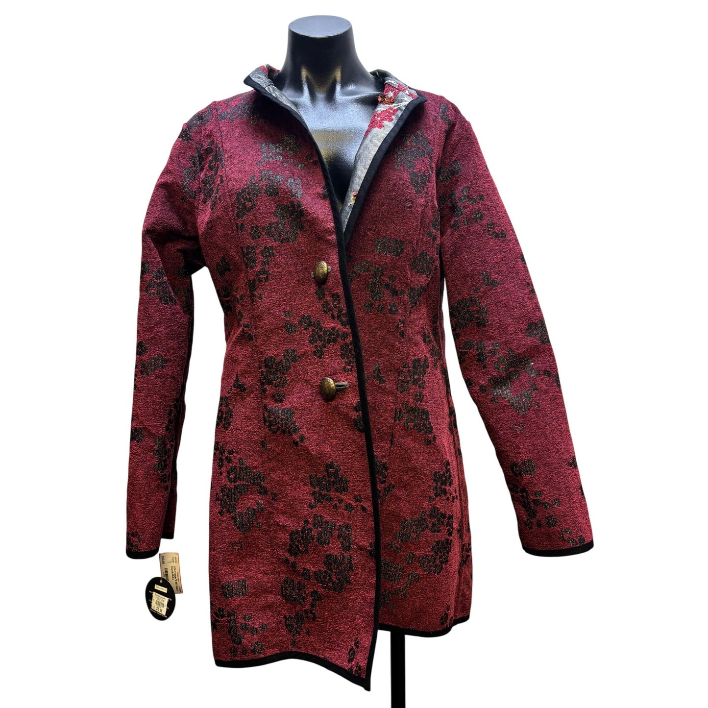 NWT Trimdin Reversible Embroidered Coat Gray Multi Floral Pattern L