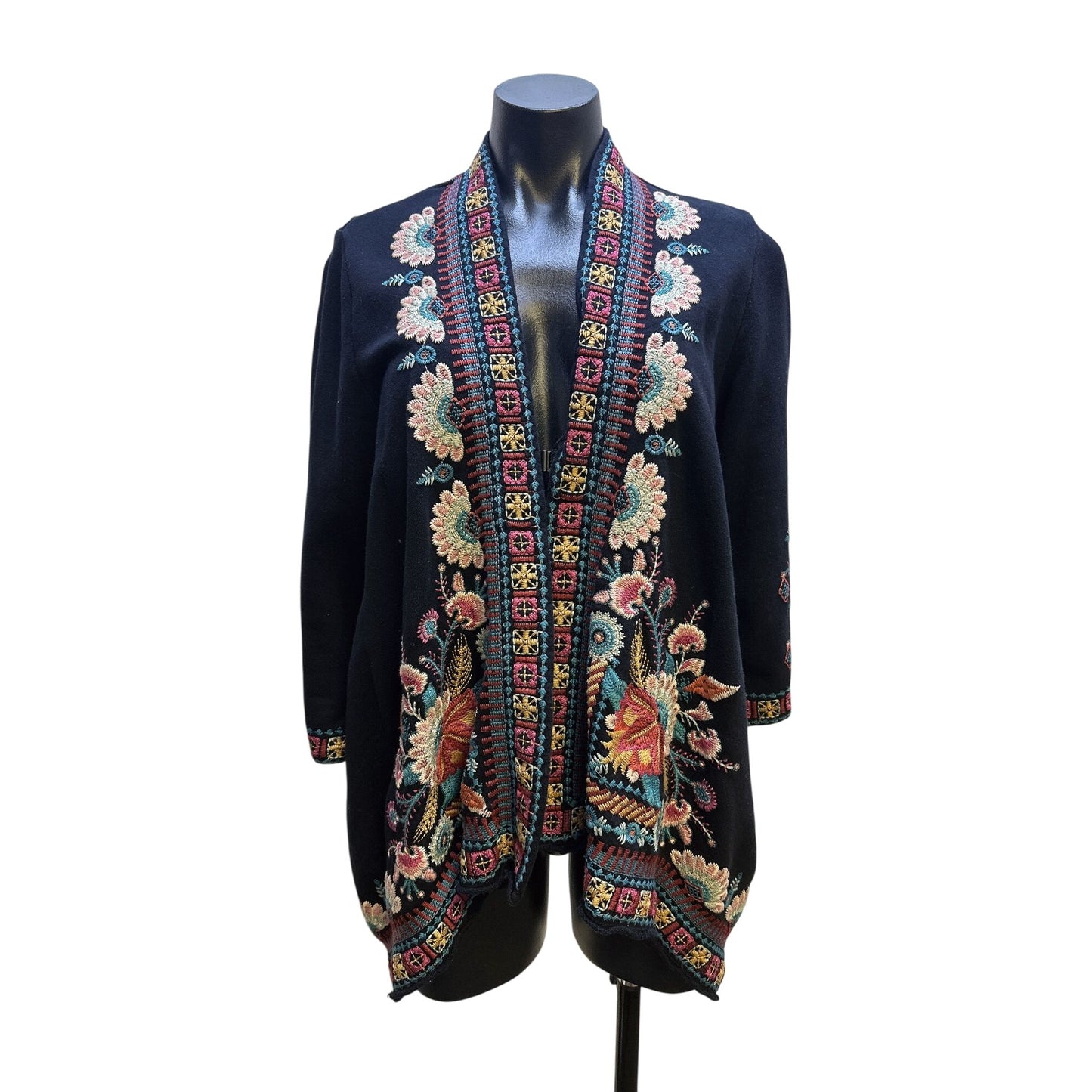 Johnny Was Vintage-Style Black Open Cardigan w/Multicolor Floral Embroidery