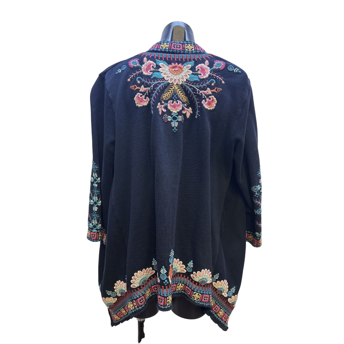 Johnny Was Vintage-Style Black Open Cardigan w/Multicolor Floral Embroidery