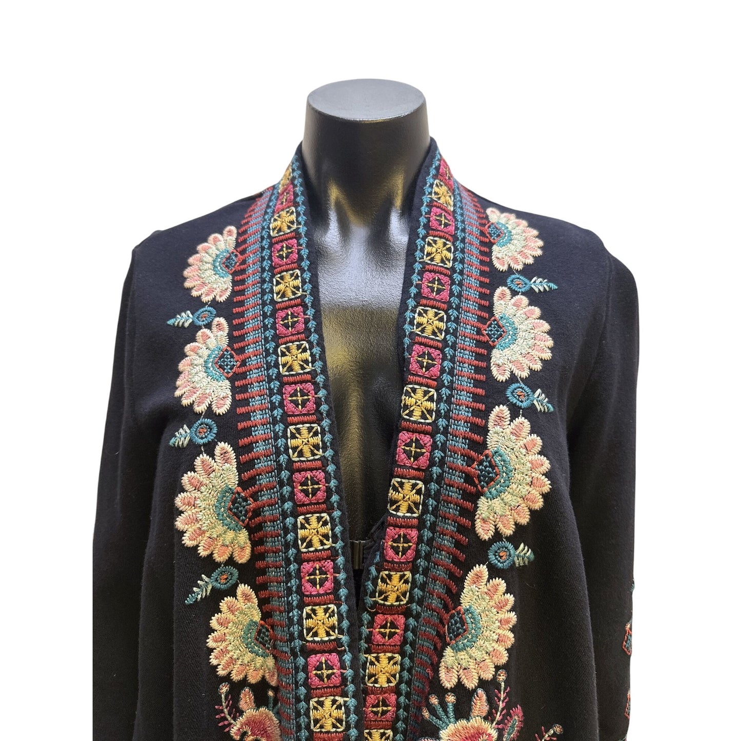 Johnny Was Vintage-Style Black Open Cardigan w/Multicolor Floral Embroidery