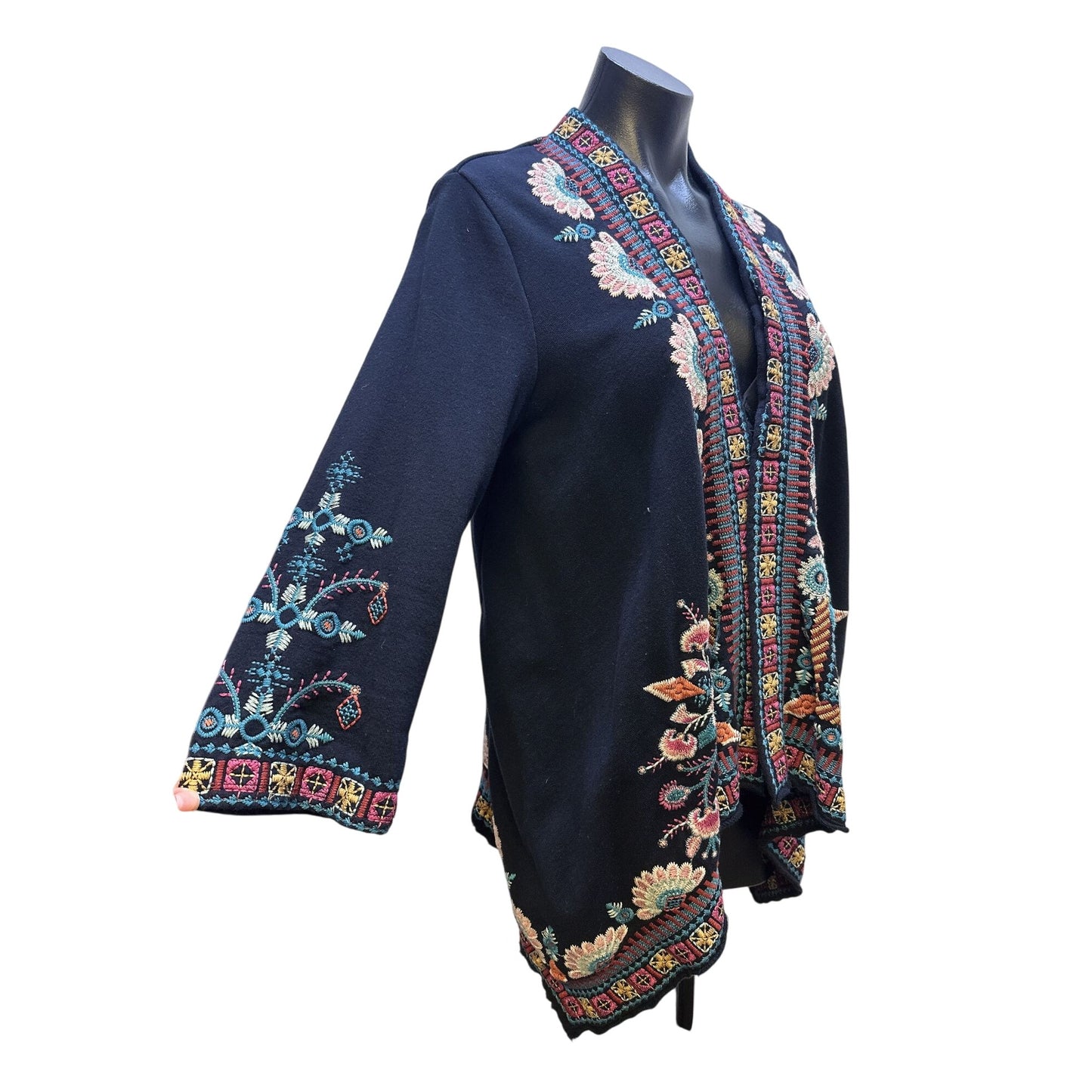 Johnny Was Vintage-Style Black Open Cardigan w/Multicolor Floral Embroidery