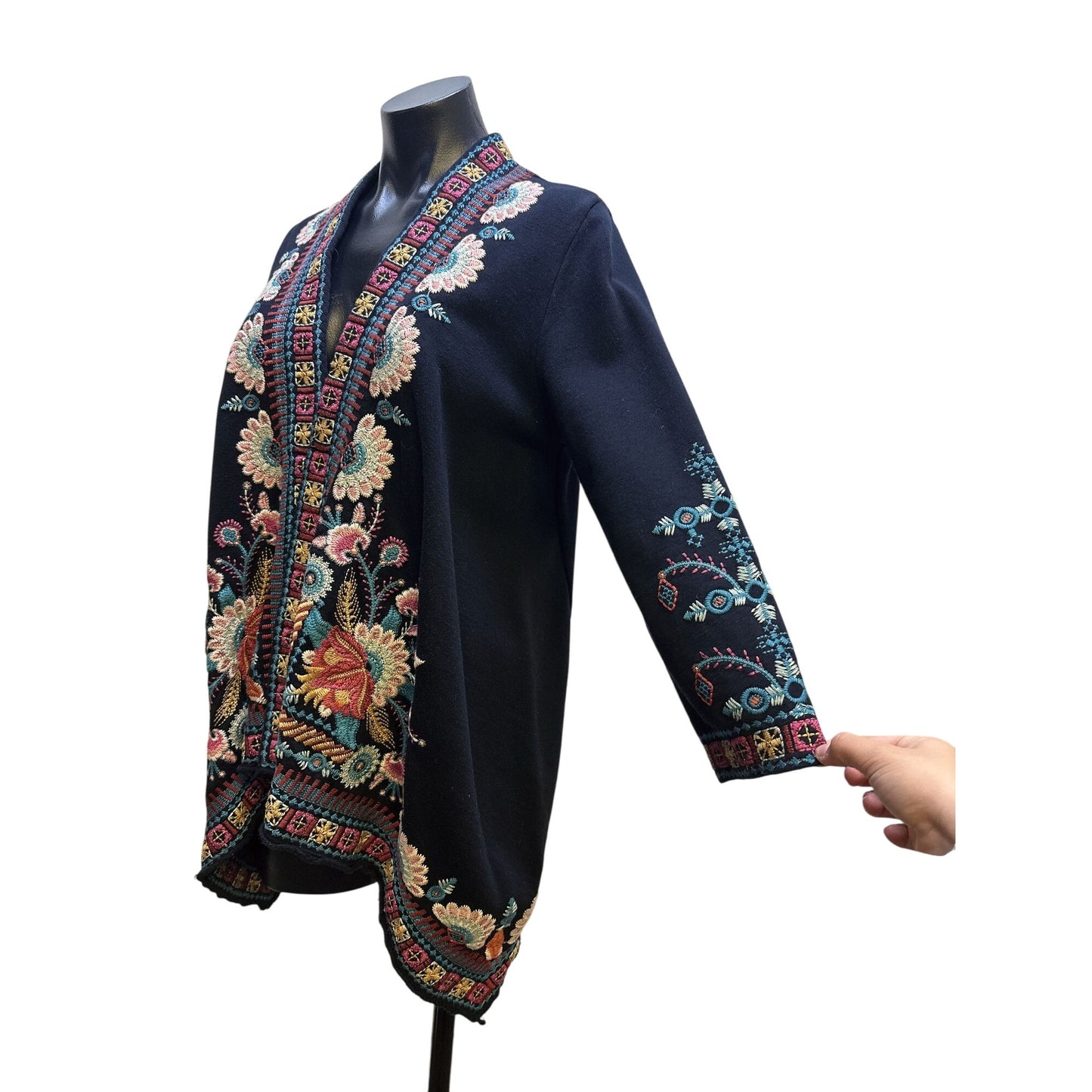 Johnny Was Vintage-Style Black Open Cardigan w/Multicolor Floral Embroidery