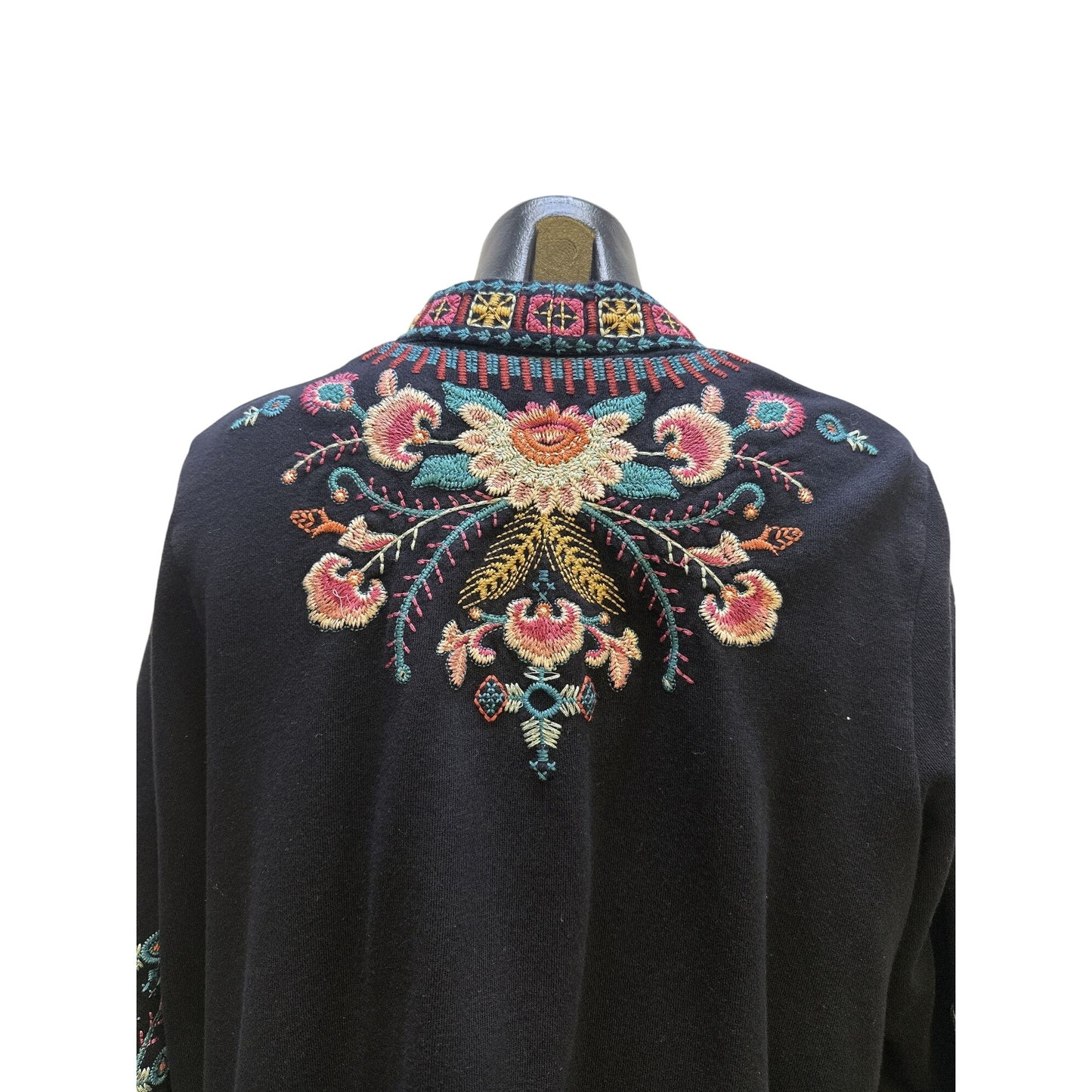 Johnny Was Vintage-Style Black Open Cardigan w/Multicolor Floral Embroidery