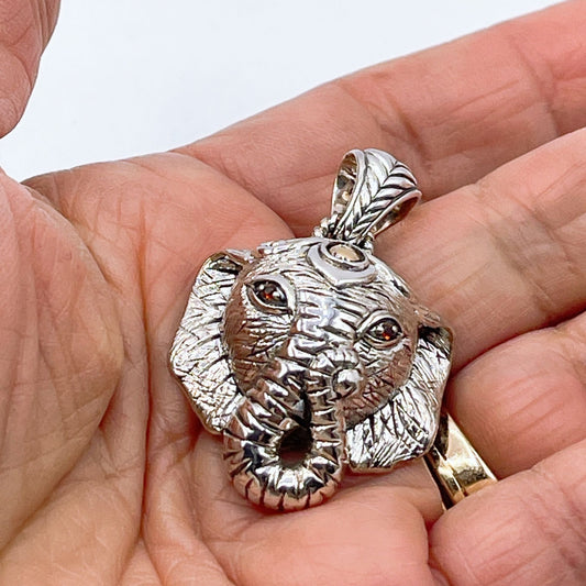 John Hardy (Jai) Sterling Silver & 14K Gold Elephant Pendant With Garnet Eyes Intricate Detailing