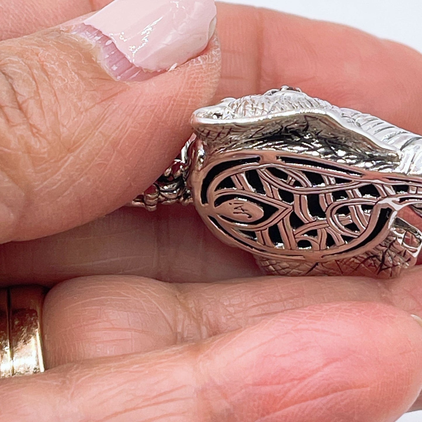 John Hardy (Jai) Sterling Silver & 14K Gold Elephant Pendant With Garnet Eyes Intricate Detailing