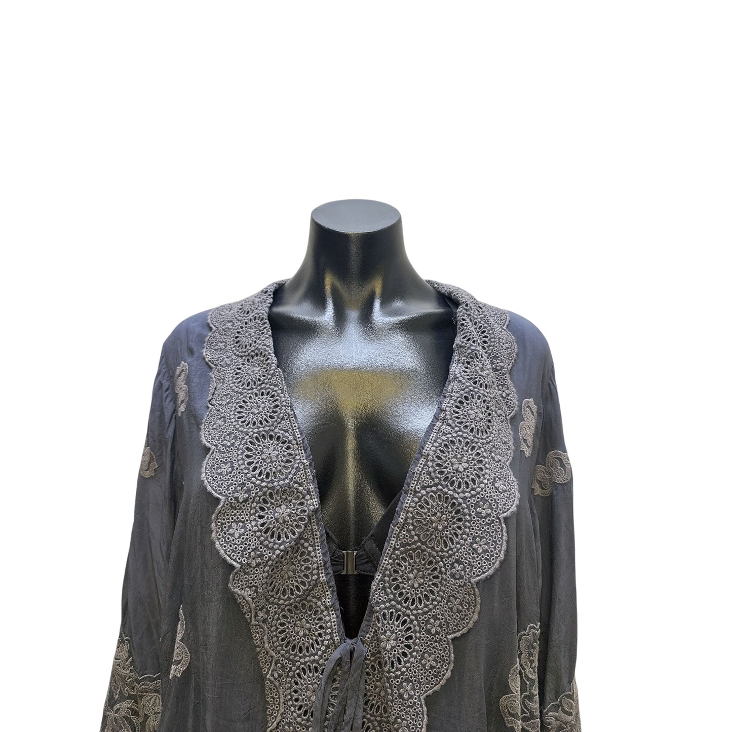 Johnny Was Gray Embroidered Long-Sleeve Open Front Cardigan Size M