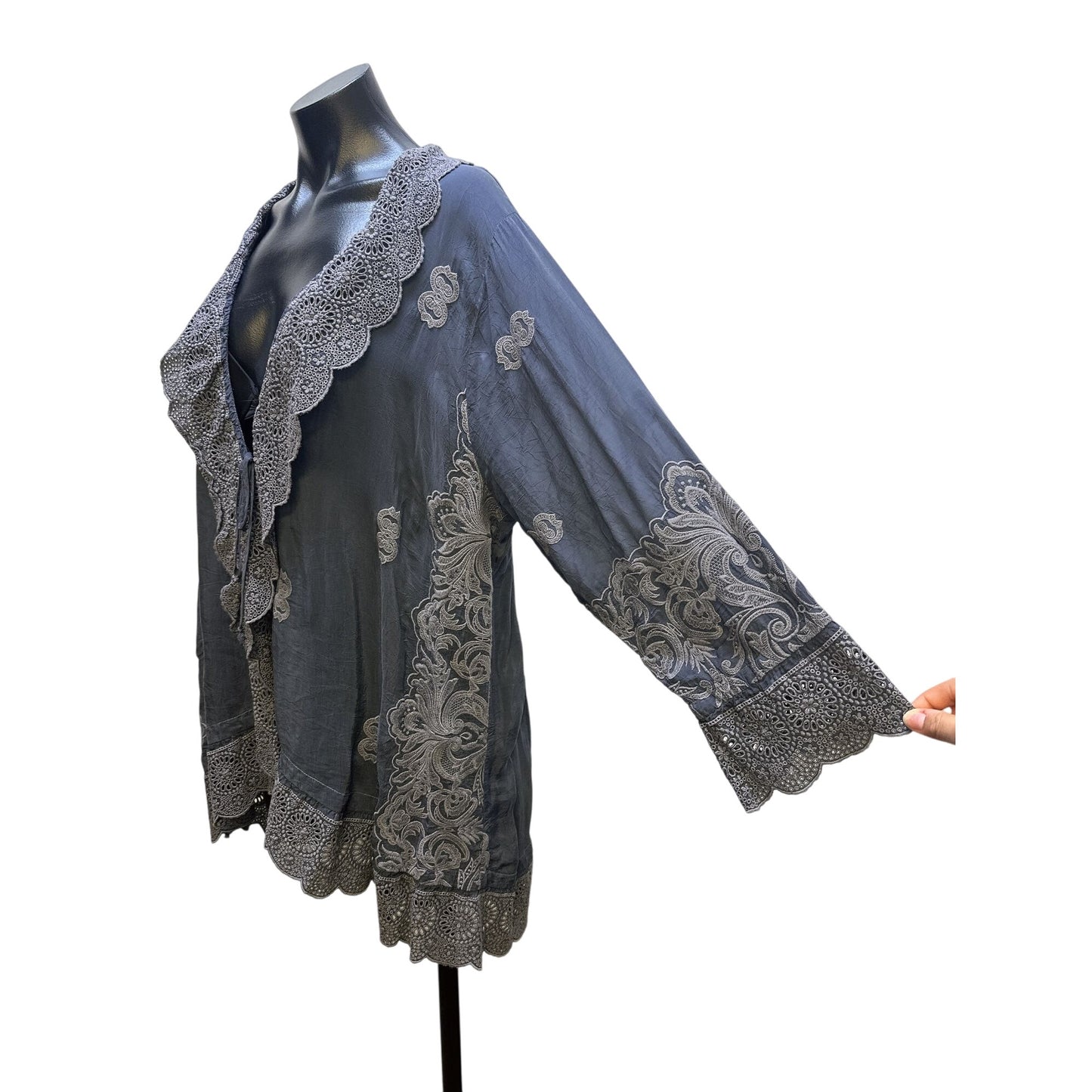 Johnny Was Gray Embroidered Long-Sleeve Open Front Cardigan Size M