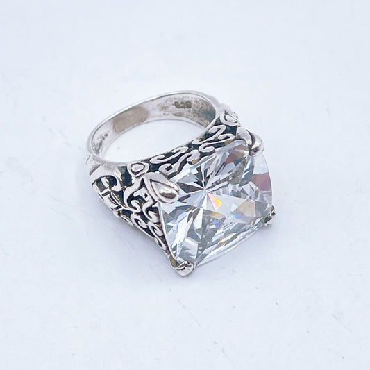 Vintage-Inspired Sterling Silver Ring Intricate Filigree Design Faceted Cubic Zirconia Stone 5