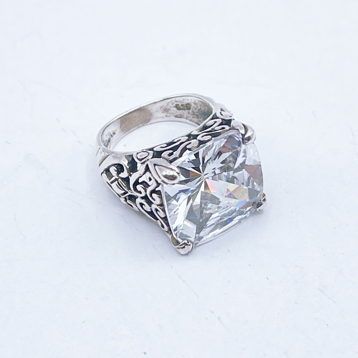 Vintage-Inspired Sterling Silver Ring Intricate Filigree Design Faceted Cubic Zirconia Stone 5
