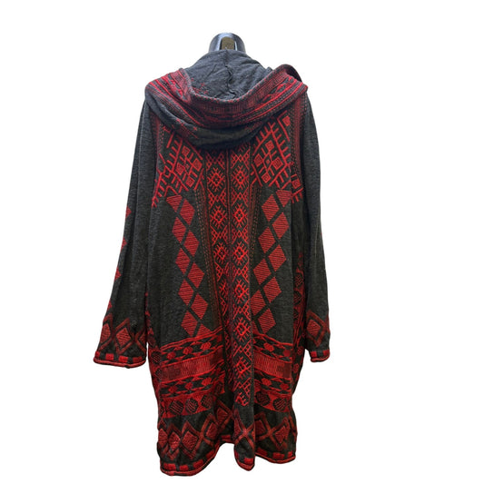 Johnny Was Urban Artisan Biya Hooded Cardigan Geometric Red & Grey Knit Sweater XL