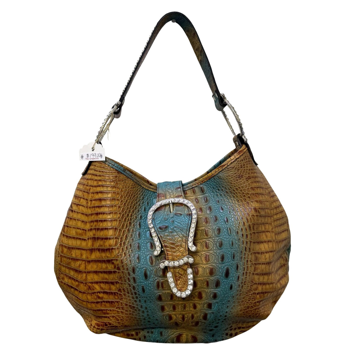 Raviani Tan & Turquoise Croc-Embossed Leather Handbag