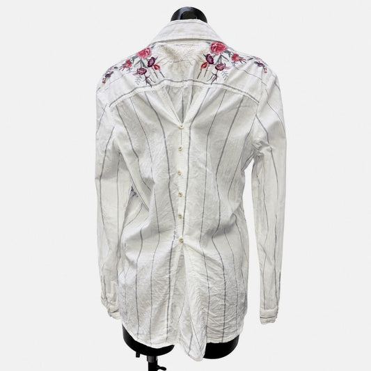 Johnny Was Embroidered White Long-Sleeve Button-Up Blouse L