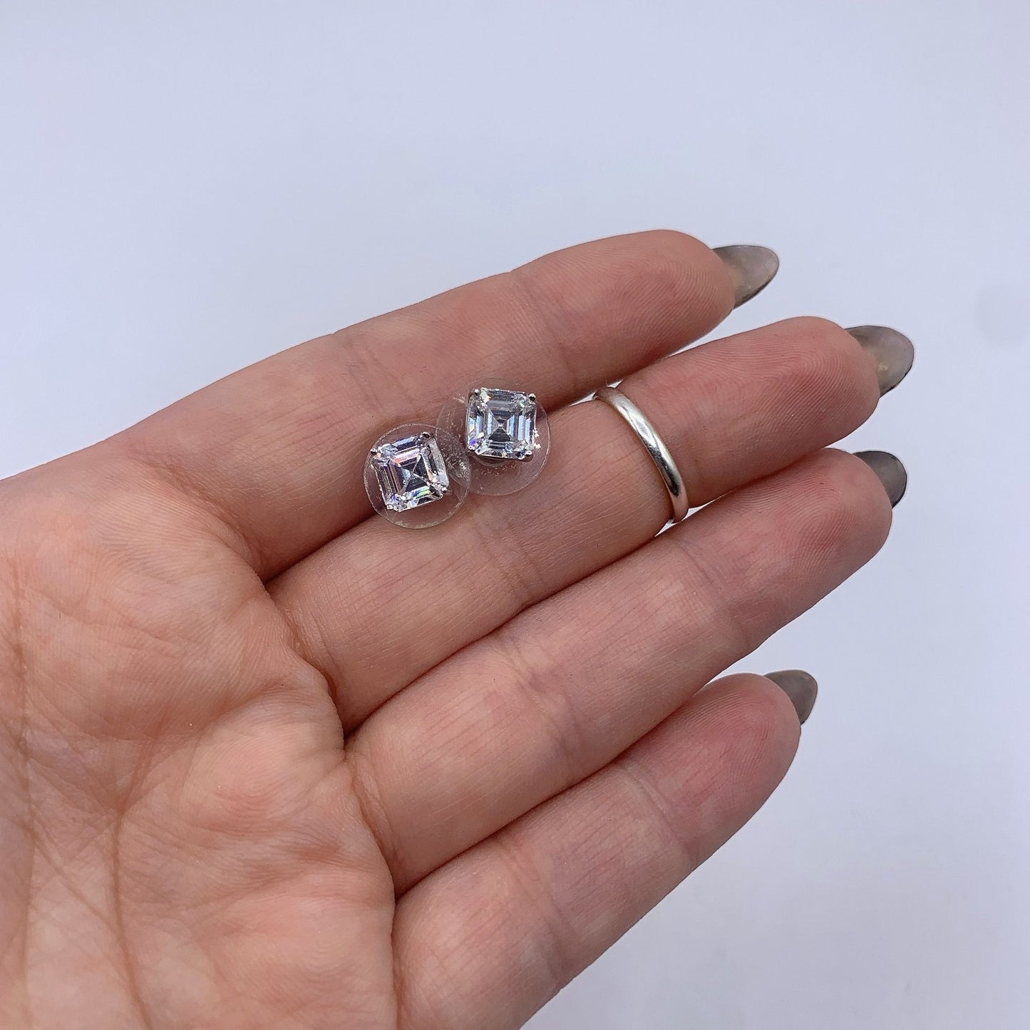 14K White Gold Square Stud Cubic Zirconia Stones Earrings
