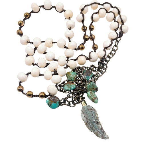 Handcrafted Turquoise & White Beaded Necklace With Feather Pendant Antique Bronze Chain Adjustable Length