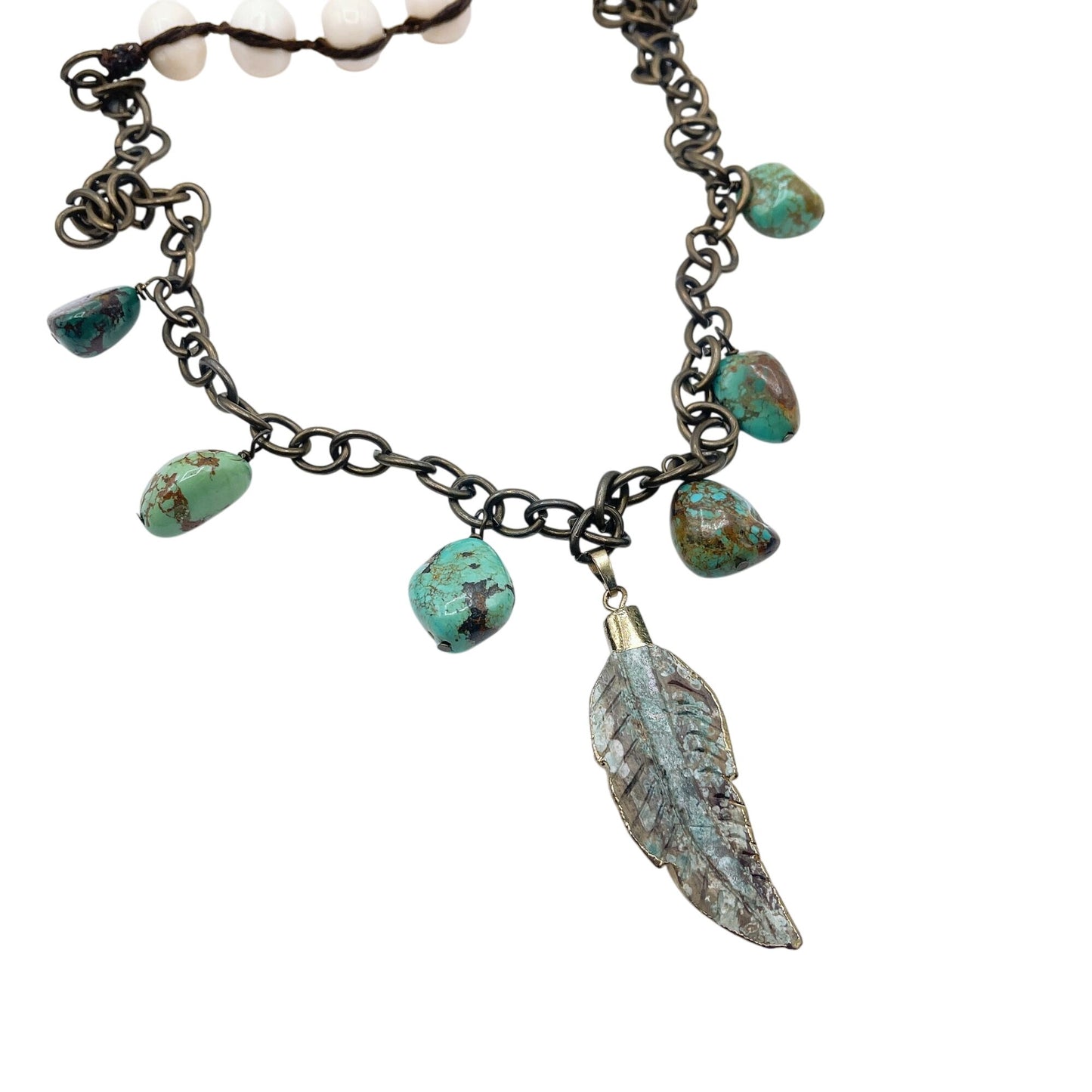 Handcrafted Turquoise & White Beaded Necklace With Feather Pendant Antique Bronze Chain Adjustable Length