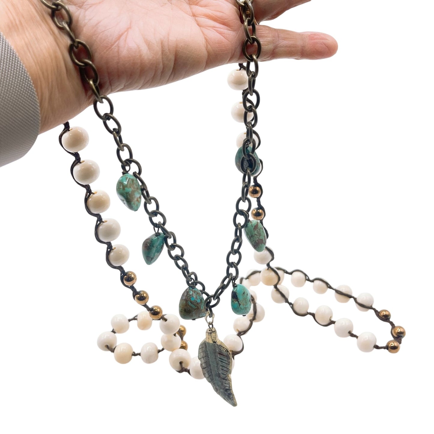 Handcrafted Turquoise & White Beaded Necklace With Feather Pendant Antique Bronze Chain Adjustable Length