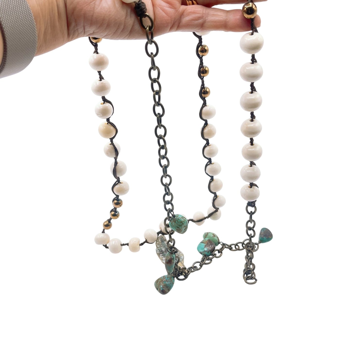 Handcrafted Turquoise & White Beaded Necklace With Feather Pendant Antique Bronze Chain Adjustable Length