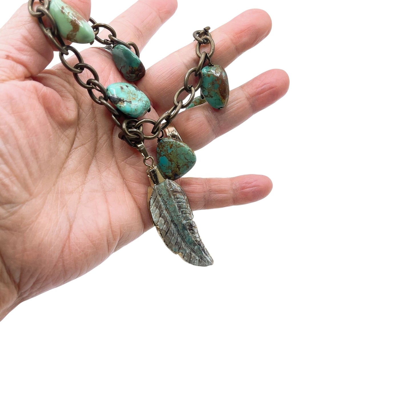 Handcrafted Turquoise & White Beaded Necklace With Feather Pendant Antique Bronze Chain Adjustable Length