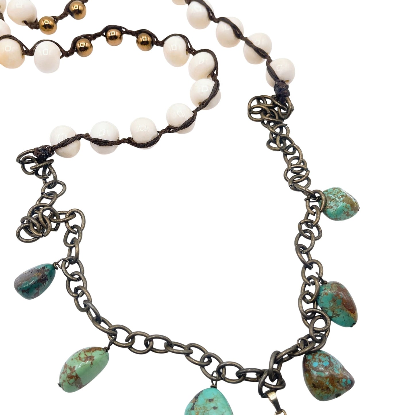Handcrafted Turquoise & White Beaded Necklace With Feather Pendant Antique Bronze Chain Adjustable Length