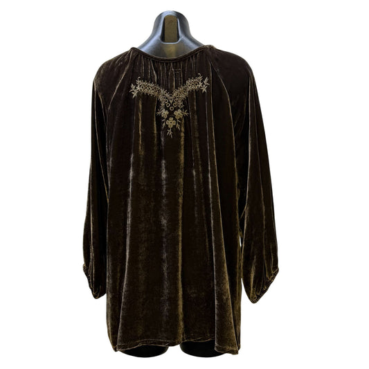 Johnny Was Brown Embroidered Velvet Blouse With Floral Details M