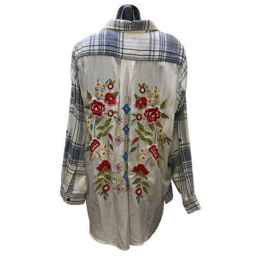 Karyn Seo Plaid Embroidered Button-Up Blouse Blue White XX-Large