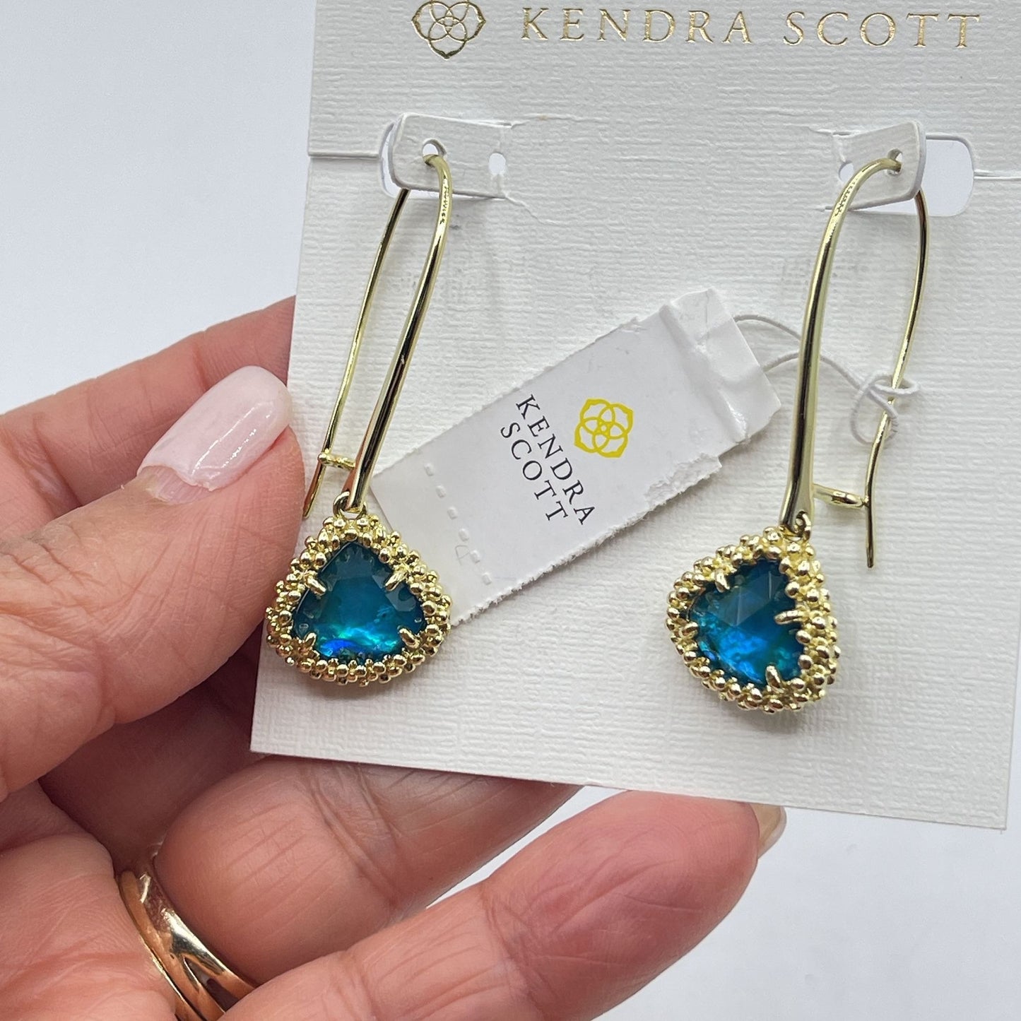 Kendra Scott Gold Blue Teal Framed Teardrop Earrings