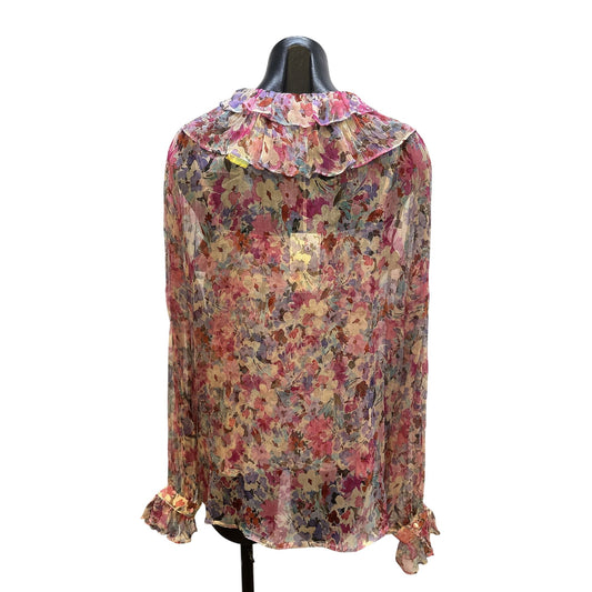 NWT Johnny Was Vintage Sheer Floral Pink Blouse w/Ruffled Collar Size L