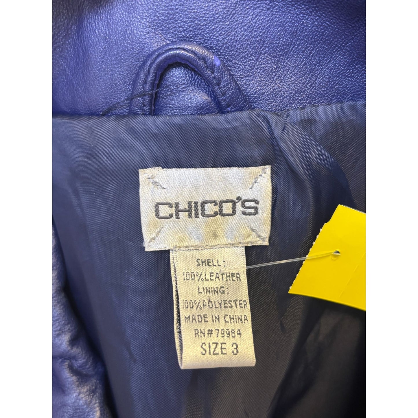 Chico's Navy Leather Zip-Up Jacket With Drawstring Collar Size 3