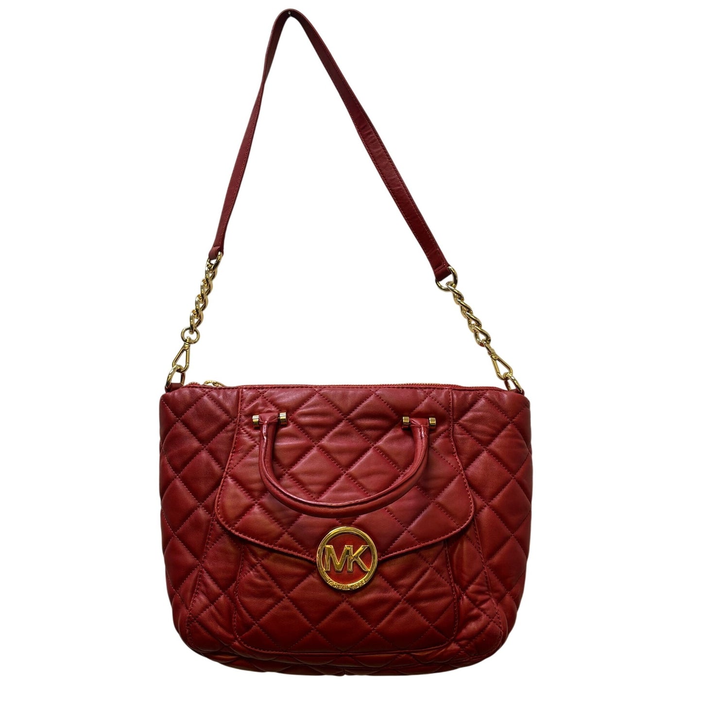 Michael Kors Red Quilted Leather Shoulder Handbag With Gold Chain Strap