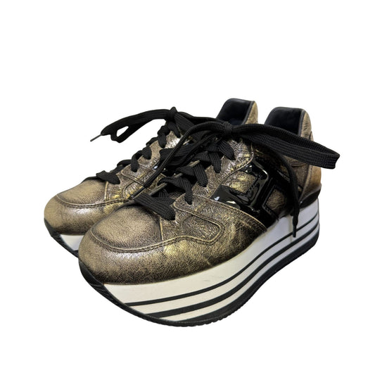Hogan Gold Platform Sneakers Metallic Leather Size 5.5