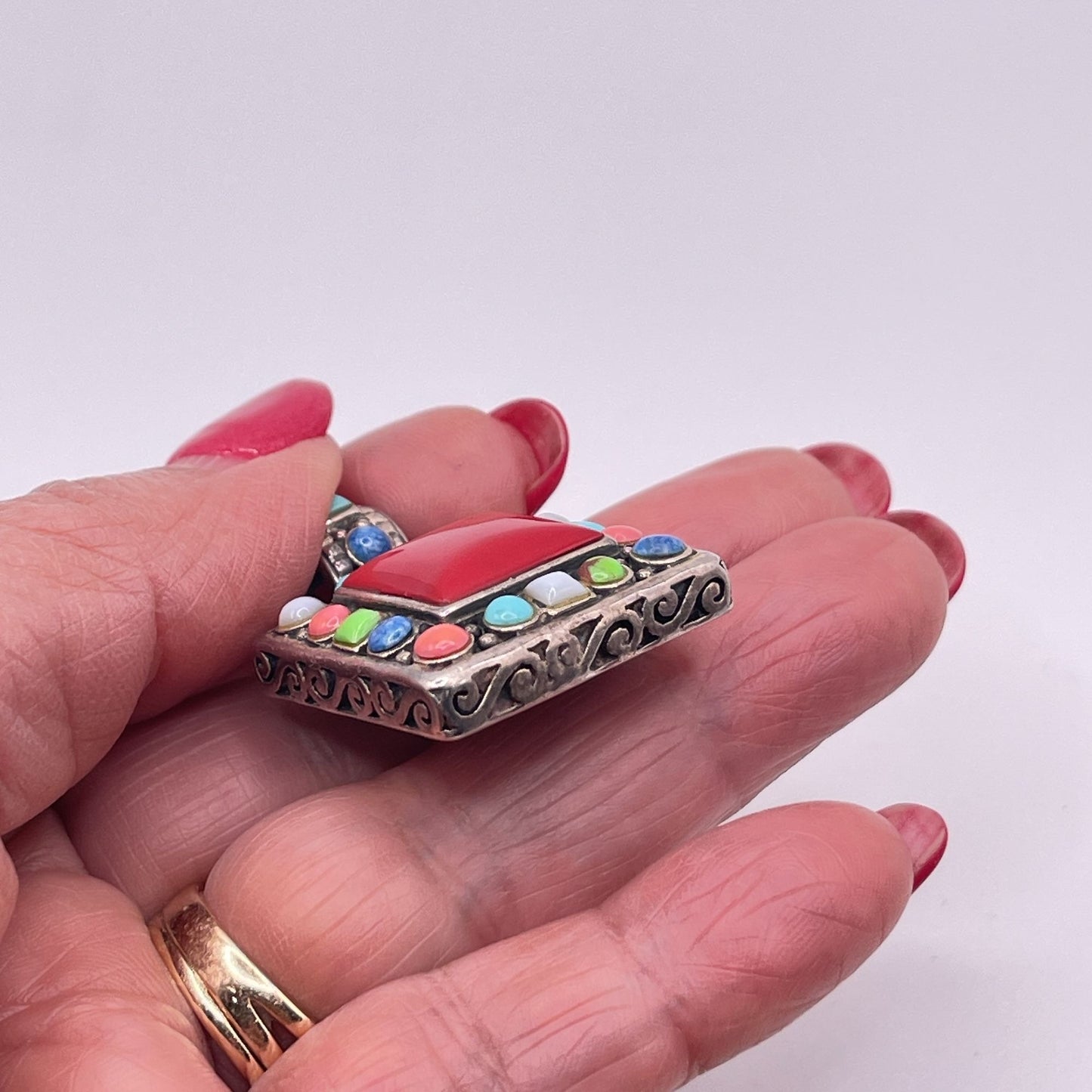 Sterling Silver 925 Pendant With Red Center Stone & Multicolor Accents