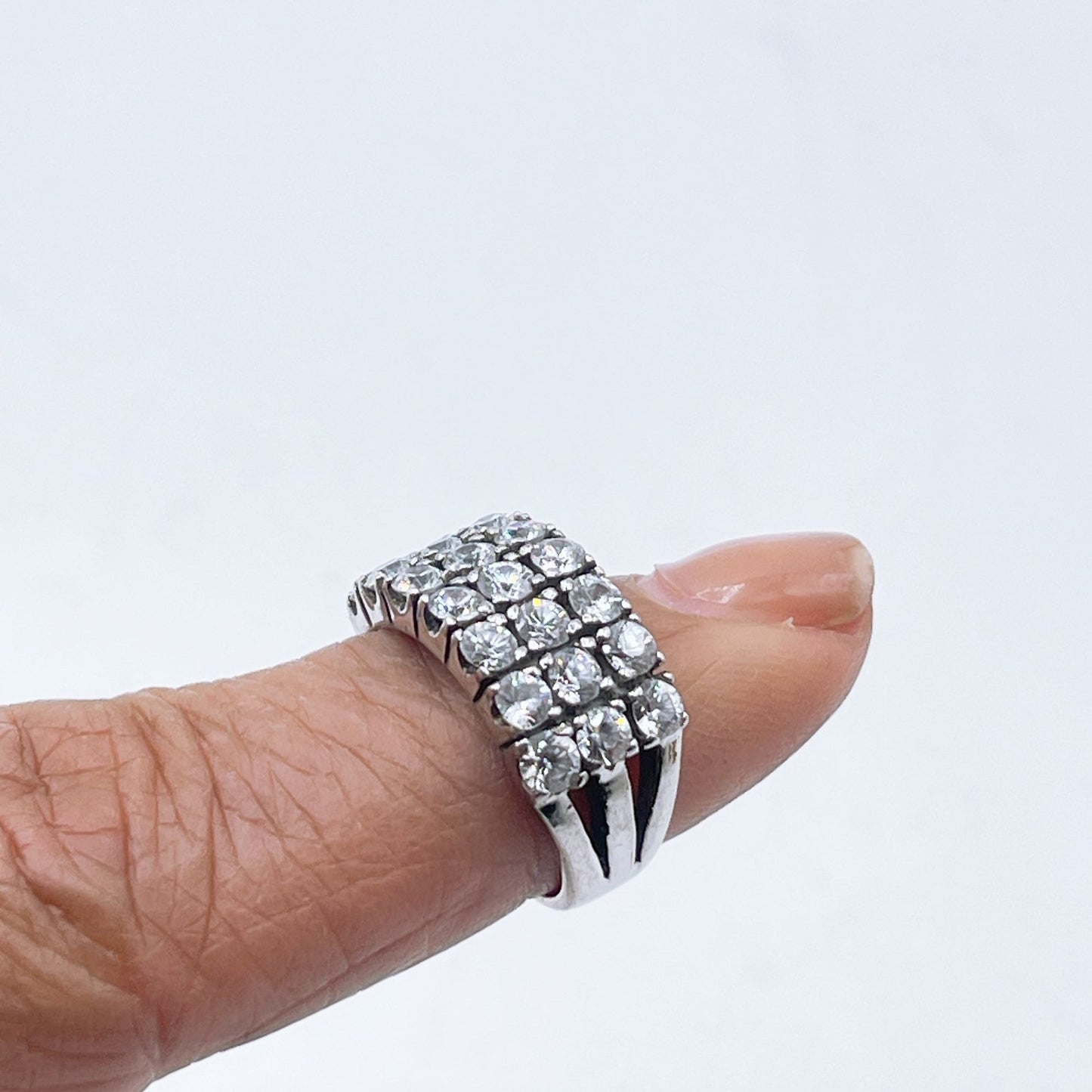 925 Sterling Silver Triple-Row Stimulated Diamonds Band Ring 5