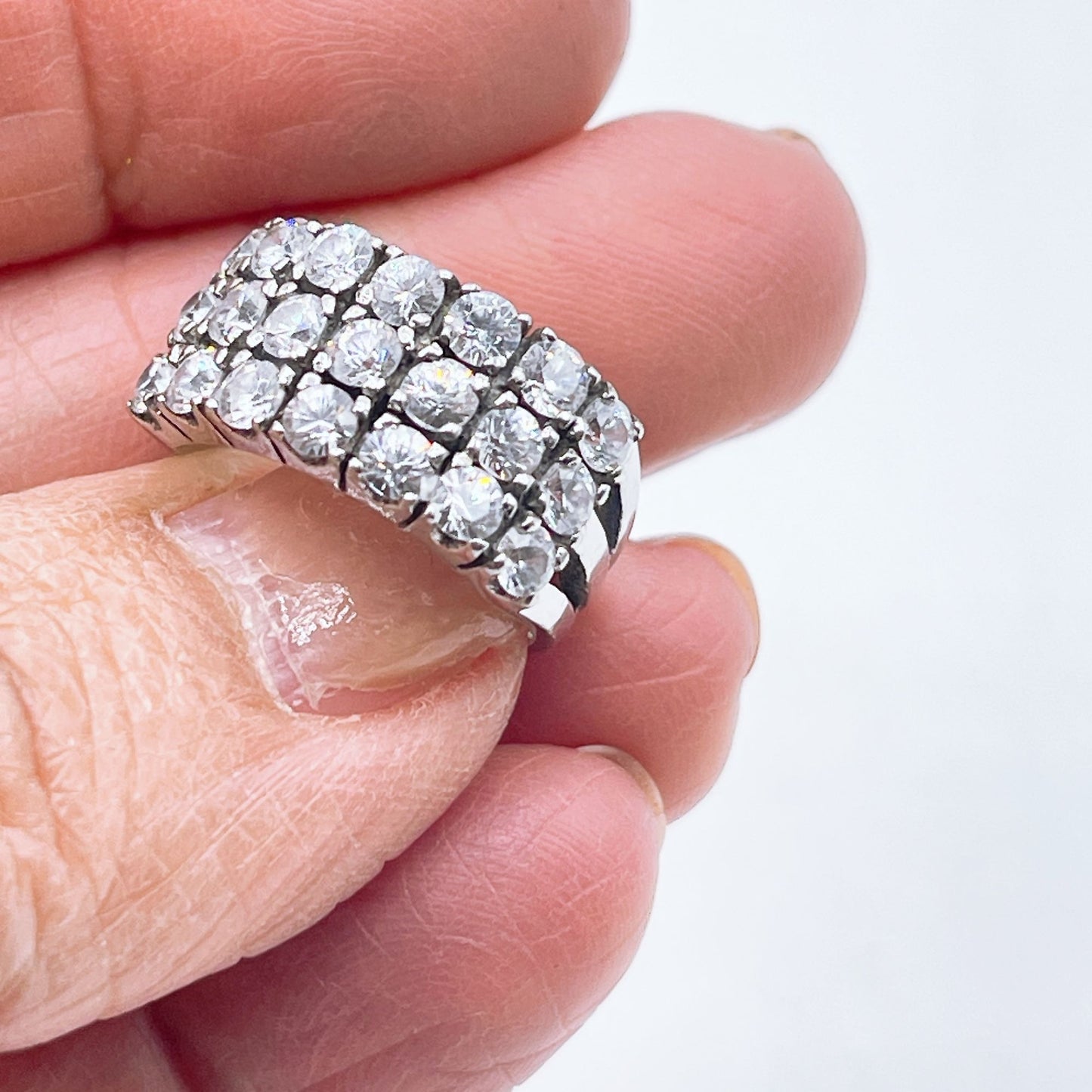 925 Sterling Silver Triple-Row Stimulated Diamonds Band Ring 5