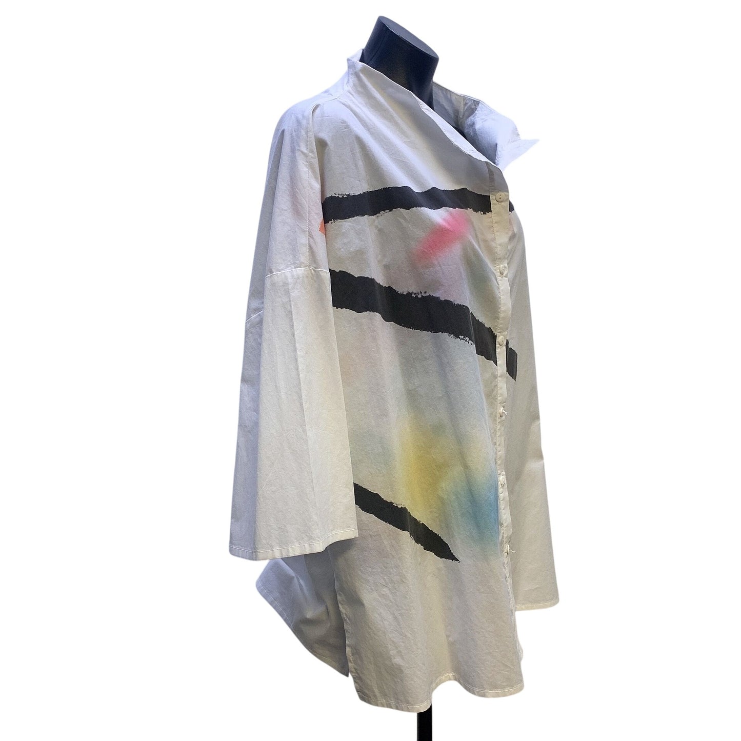 Ozai N Ku White & Multicolored Abstract Button-Up Blouse, Size 2XL